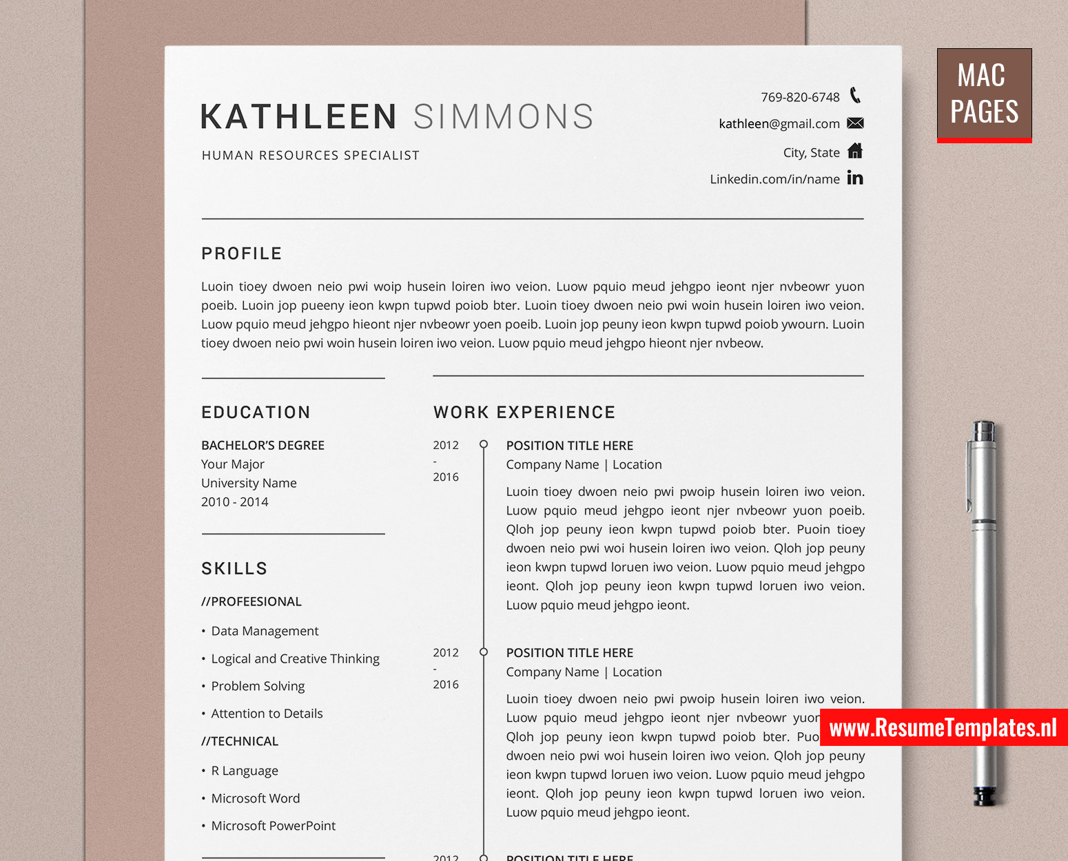 For Mac Pages Clean Resume Template / CV Template for Mac Pages, Cover